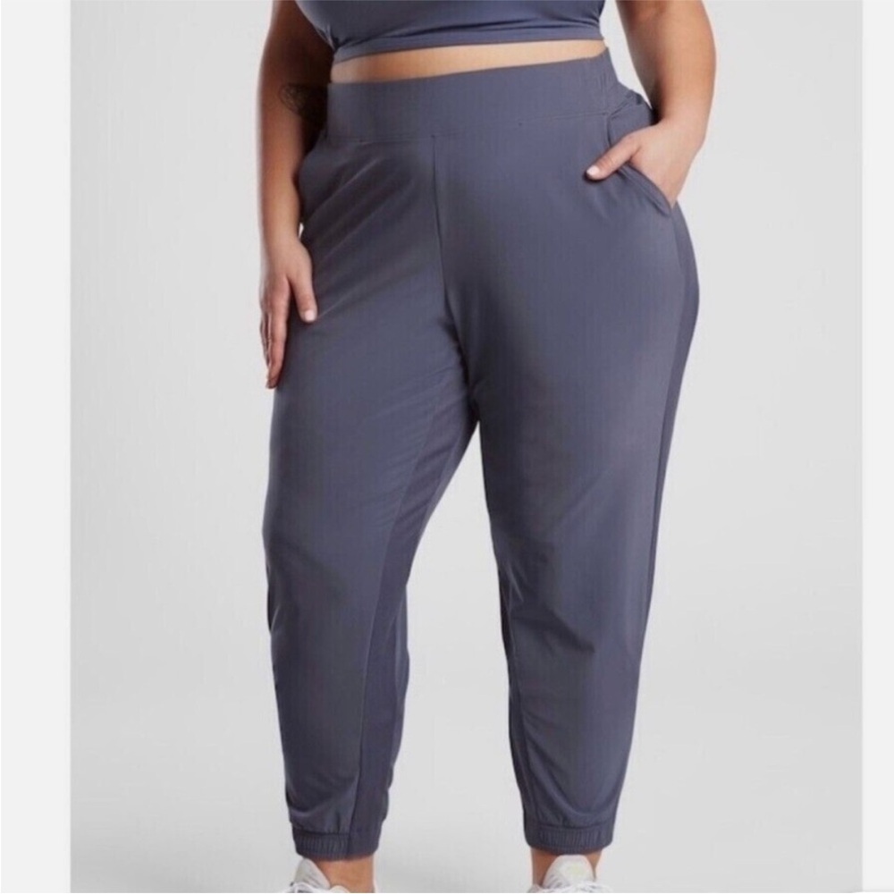 Athleta Brooklyn Ankle Jogger Pant Quick Dry Side Stripe Navy